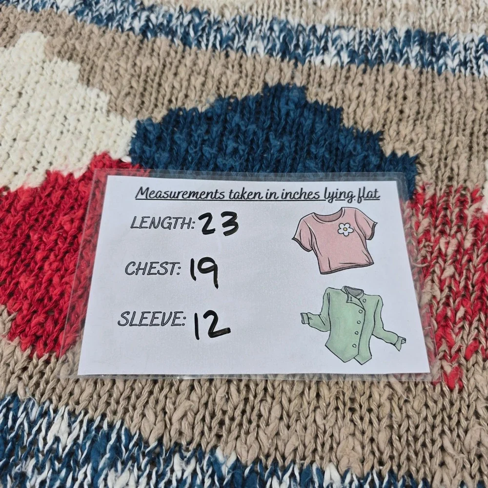SML Sport Vintage Hand Knit Linen Cotton Sweater Beige Red Blue Diamond M‎